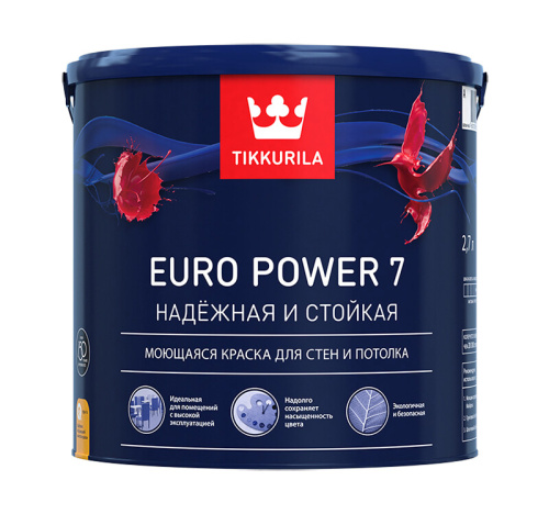 <b>Tikkurila</b> <b>Euro</b> Power <b>7</b>,Водоразбавляемая <b>краска</b> для стен и потолков,база С, 2,7л Страна: Россия,